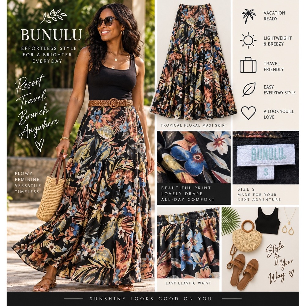 Womens S Tropical Floral Maxi Skirt Black Boho Resort Vacation Flowy
